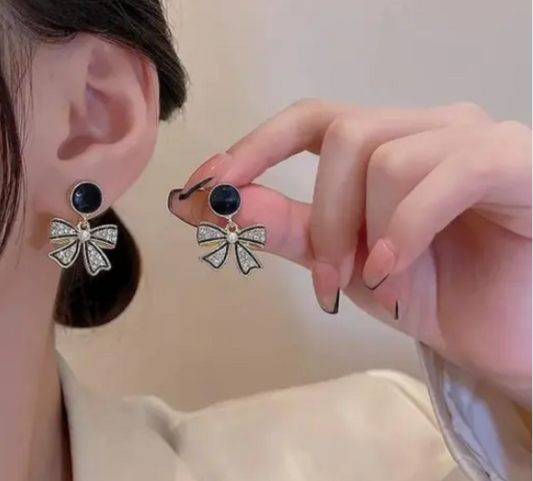 Bow Shaped Golden Black Korean Earrings Pair