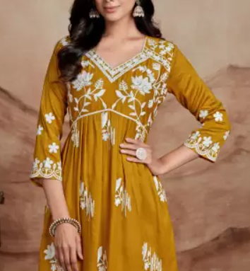 Women Chikan Embroidery Silk Blend A-line Kurta