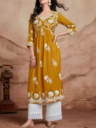 Women Chikan Embroidery Silk Blend A-line Kurta