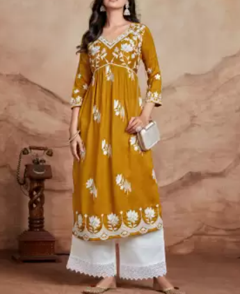 Women Chikan Embroidery Silk Blend A-line Kurta