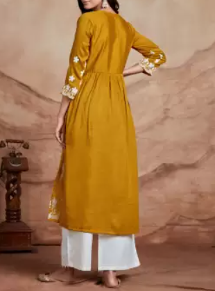 Women Chikan Embroidery Silk Blend A-line Kurta