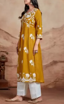 Women Chikan Embroidery Silk Blend A-line Kurta