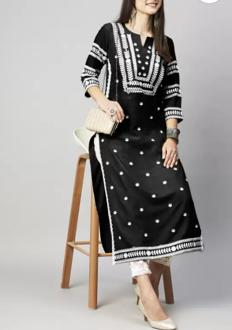 Women Embroidered Cotton Blend Straight Kurta