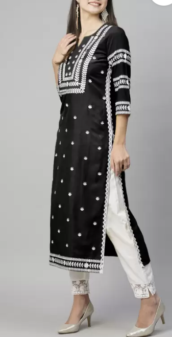 Women Embroidered Cotton Blend Straight Kurta