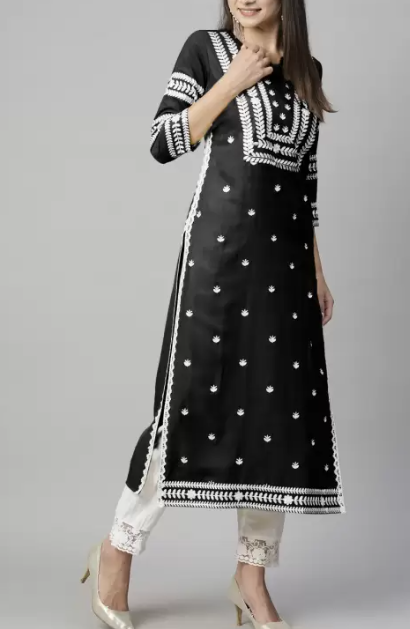 Women Embroidered Cotton Blend Straight Kurta