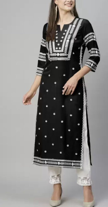 Women Embroidered Cotton Blend Straight Kurta