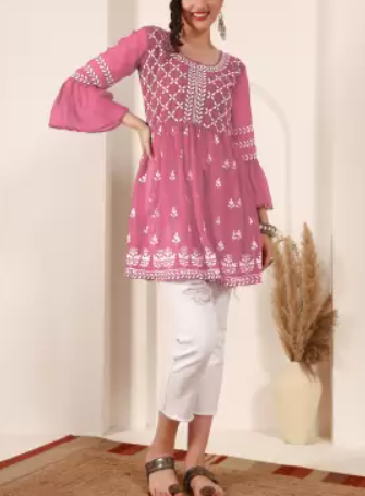 Women Chikankari Georgette Flared Kurta